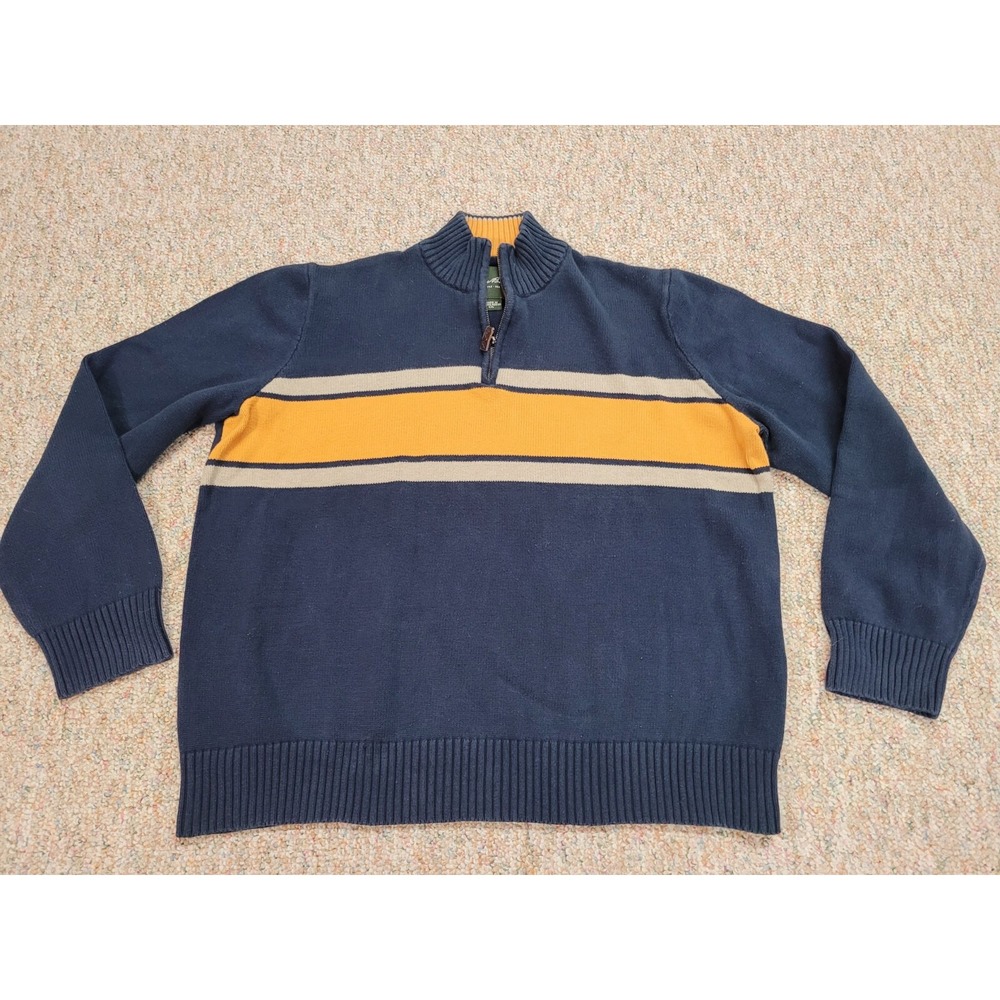 Eddie Bauer Sweater Mens 2XL Blue Yellow Striped Quarter Zip Cotton Pullover
